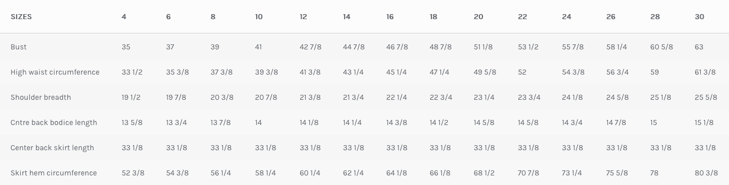 Montana Midi Dress: Finished Pattern Measurements chart (inches)