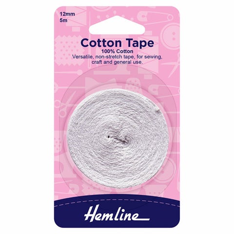 Hemline Cotton Tape: White - 5m x 12mm